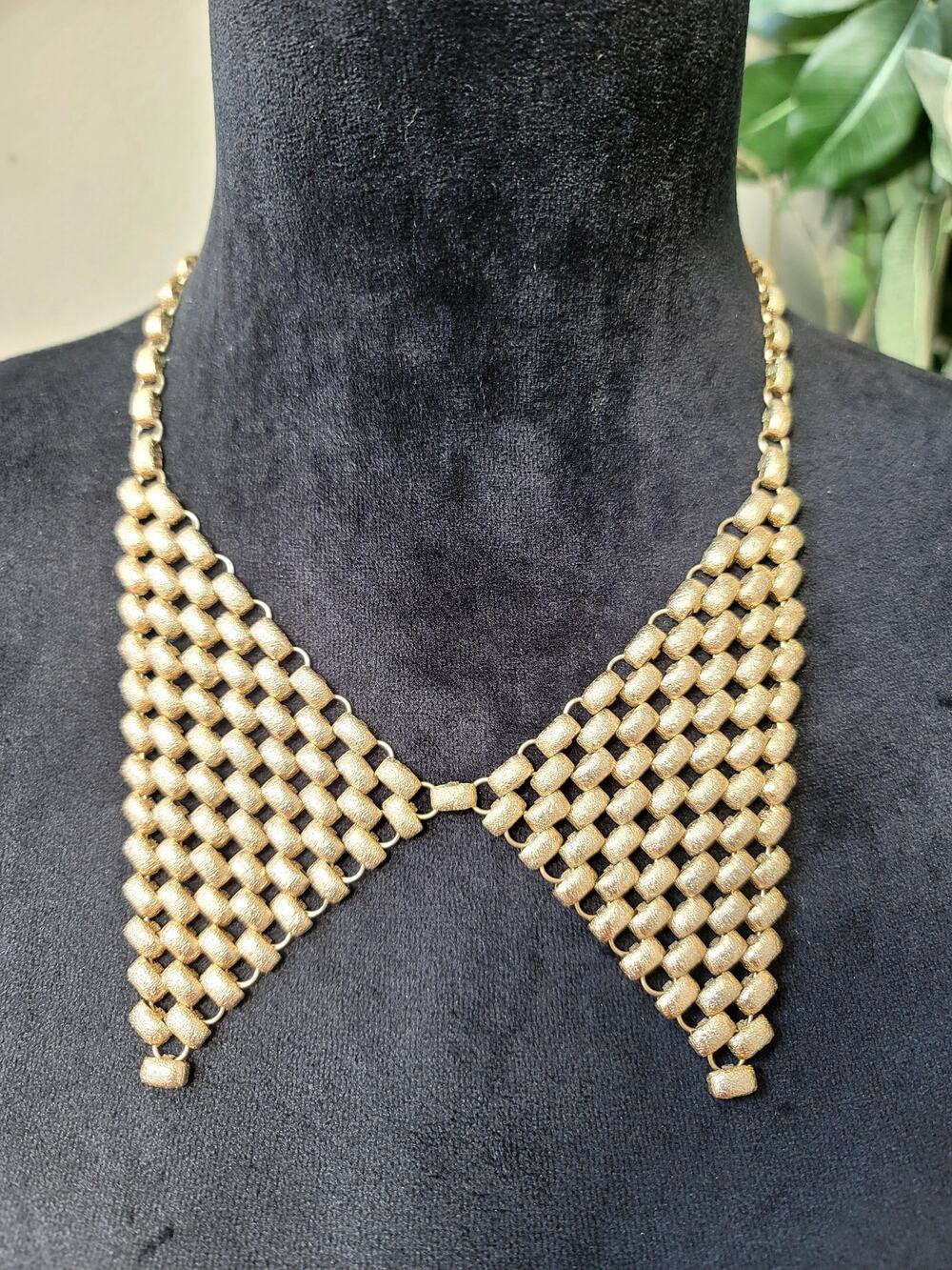 Gold Tone Bow Tie Mesh Bib Statement Necklace Geometric Collar Jewelry